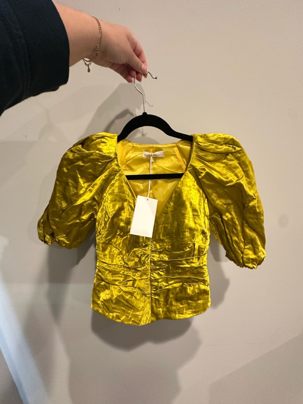 Ulla Johnson Vera Top Gold Metallic Satin Puff Sleeve Blouse Size 0